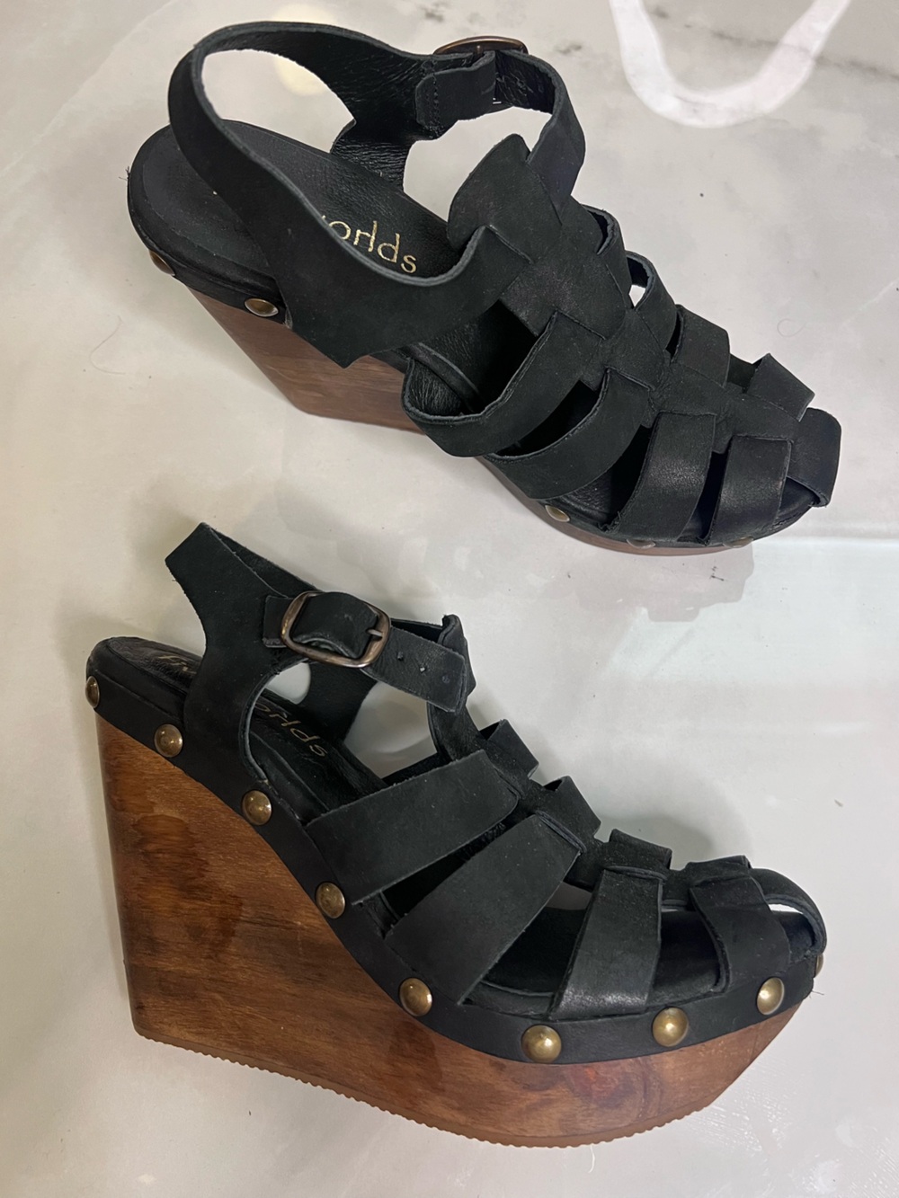 Five Worlds Black Leather Strappy Wedge Sandals size 8
